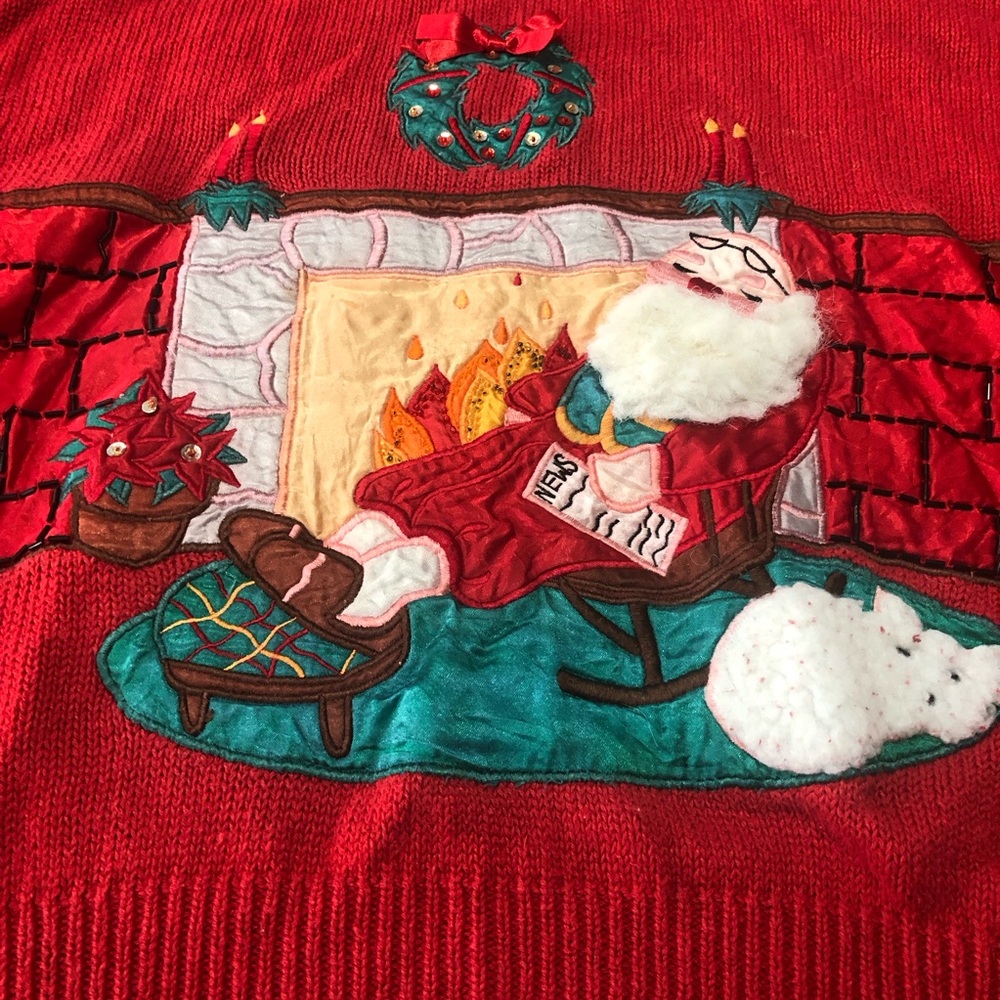 VTG Work in Progress By Gladys Bagley Ugly Christmas Sweater Large Red Santa E12